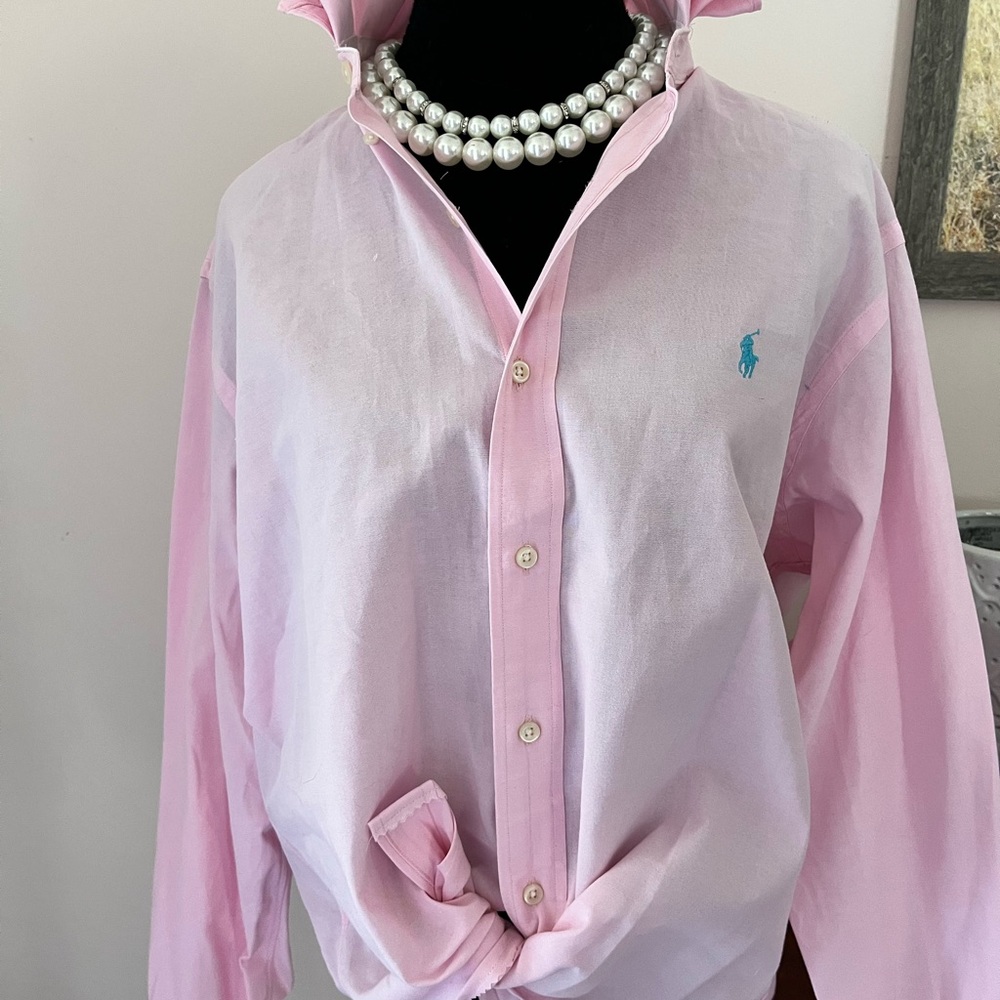 Ralph Lauren Upcycle - Pink Button-Up Ruffle Neck Shirt with Teal Logo - Picture 2 of 4